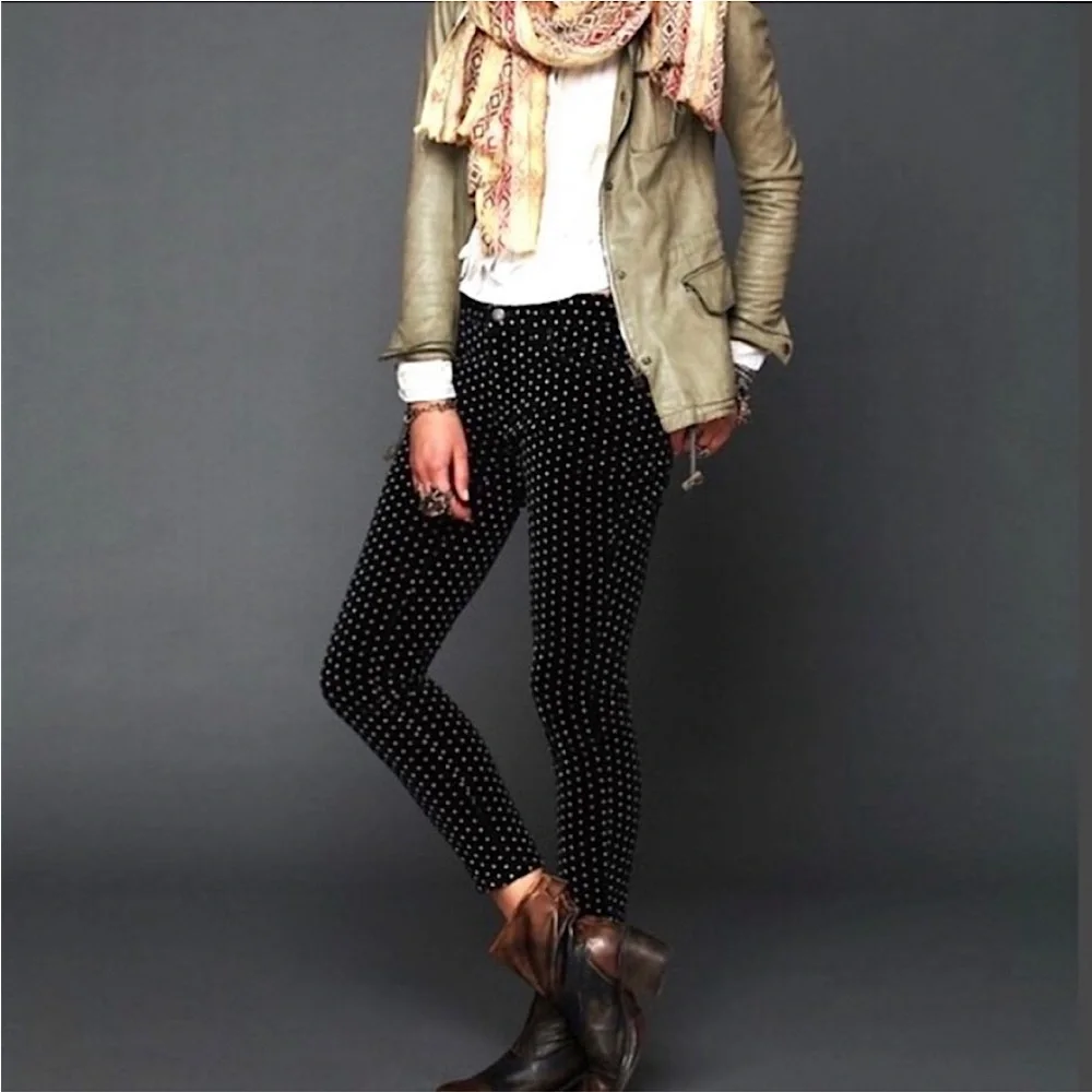 Free People Polka Dot Velvet Black Crop Skinny Jean Ankle Pants Size 29